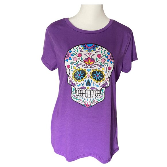 Bobbie Brooks Purple Sugar Skull Shirt, Size M, colorful skull tee, Halloween - Picture 1 of 8